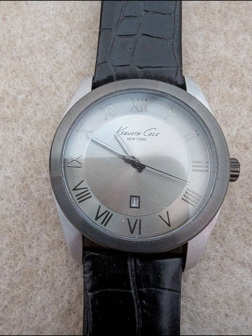 Kenneth Cole Silver Dial Watch with Black Croc-Embossed Strap